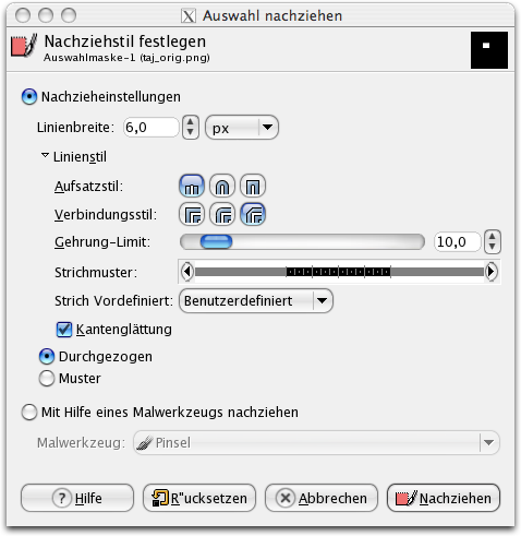 Dialogfenster Pfad nachziehen